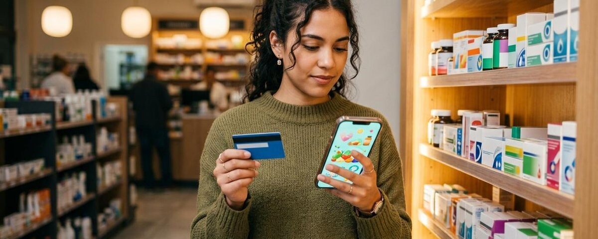 Persona revisando promociones de salud en su teléfono frente a un mostrador de farmacia