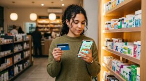 Persona revisando promociones de salud en su teléfono frente a un mostrador de farmacia