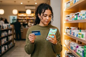 Persona revisando promociones de salud en su teléfono frente a un mostrador de farmacia
