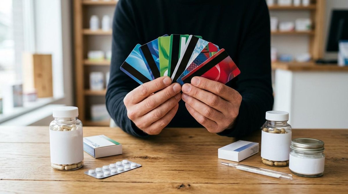 Manos sosteniendo varias tarjetas de lealtad de farmacias sobre una superficie de madera, con productos de salud como vitaminas y medicamentos de vent