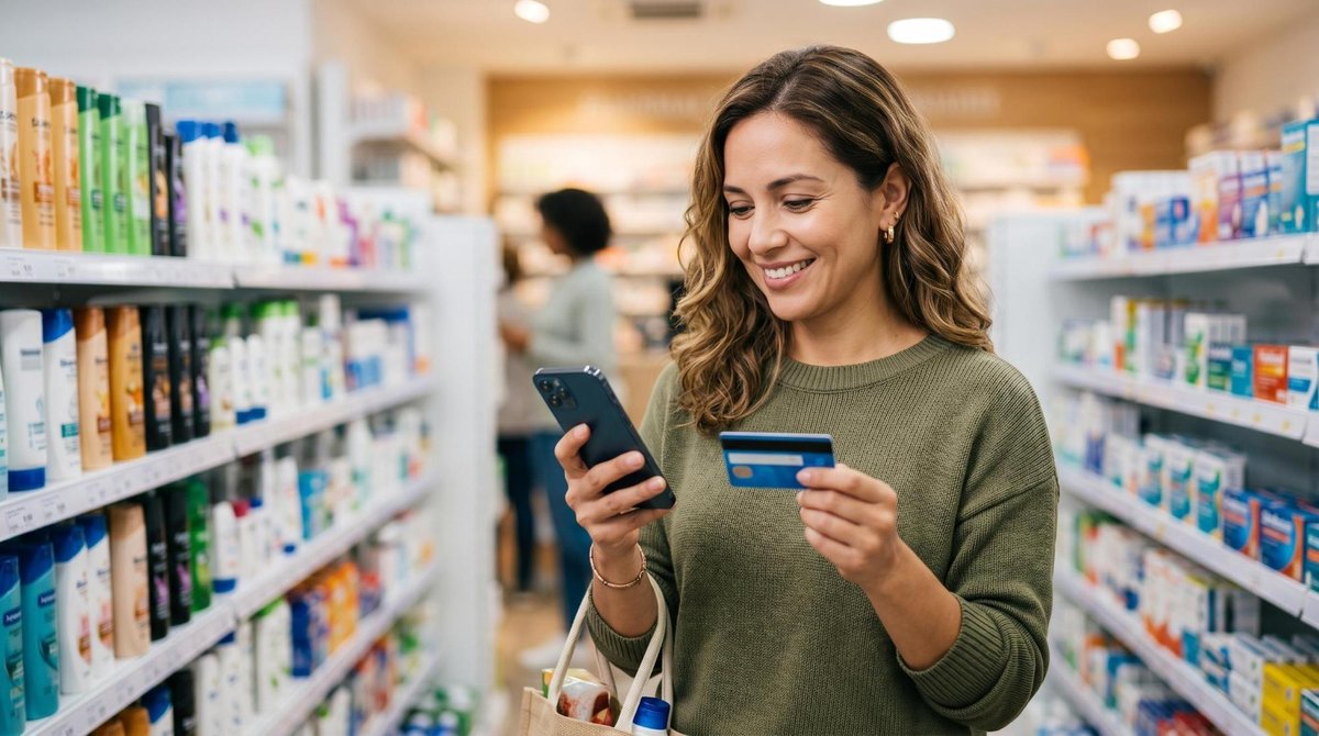 Una mujer compara su teléfono móvil con una tarjeta de débito mientras hace compras en la sección de farmacia de una tienda moderna, con una expresión