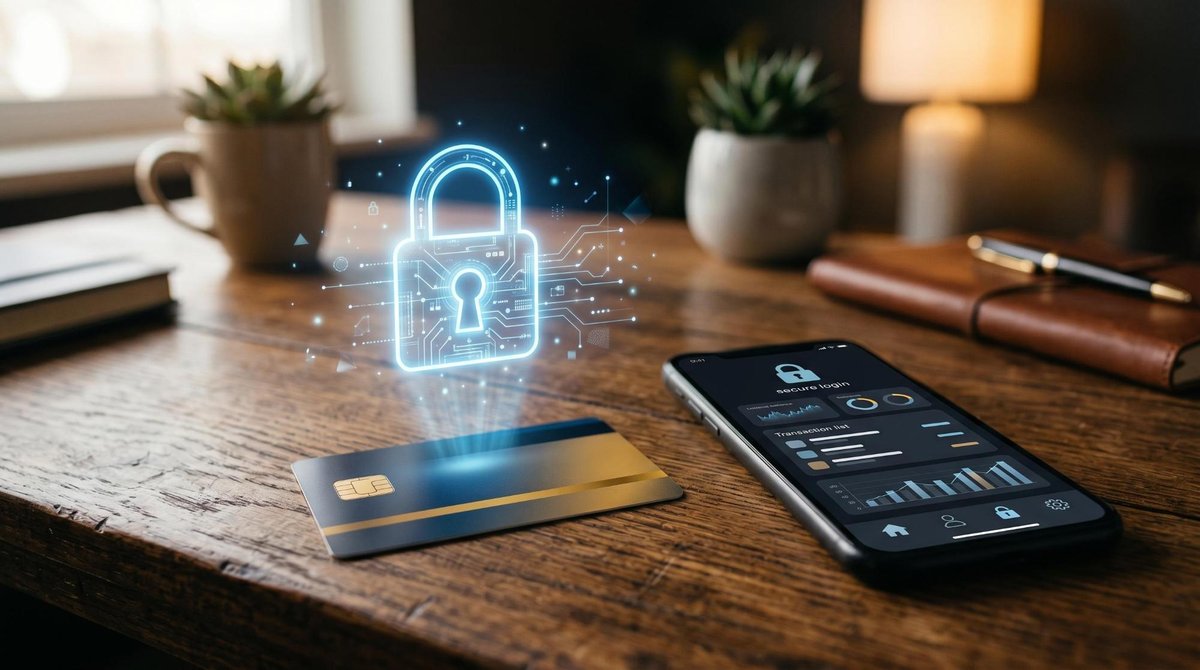 Una tarjeta de crédito colocada sobre una superficie de madera con un candado digital flotante encima simbolizando la seguridad, junto a un smartphone
