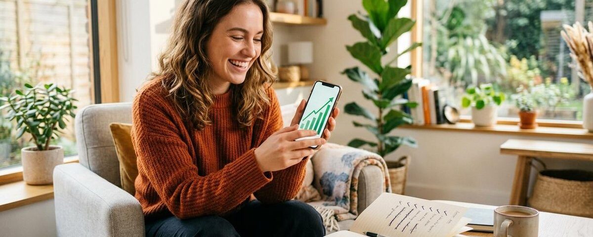 Persona sonriendo mientras revisa sus metas de ahorro en un cuaderno y una app de finanzas personales en su celular
