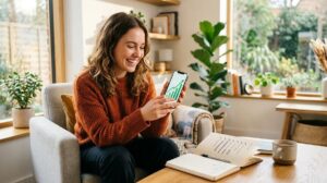 Persona sonriendo mientras revisa sus metas de ahorro en un cuaderno y una app de finanzas personales en su celular