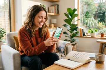 Persona sonriendo mientras revisa sus metas de ahorro en un cuaderno y una app de finanzas personales en su celular