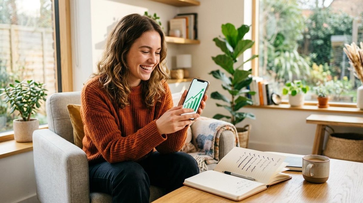 Persona sonriendo mientras revisa sus metas de ahorro en un cuaderno y una app de finanzas personales en su celular