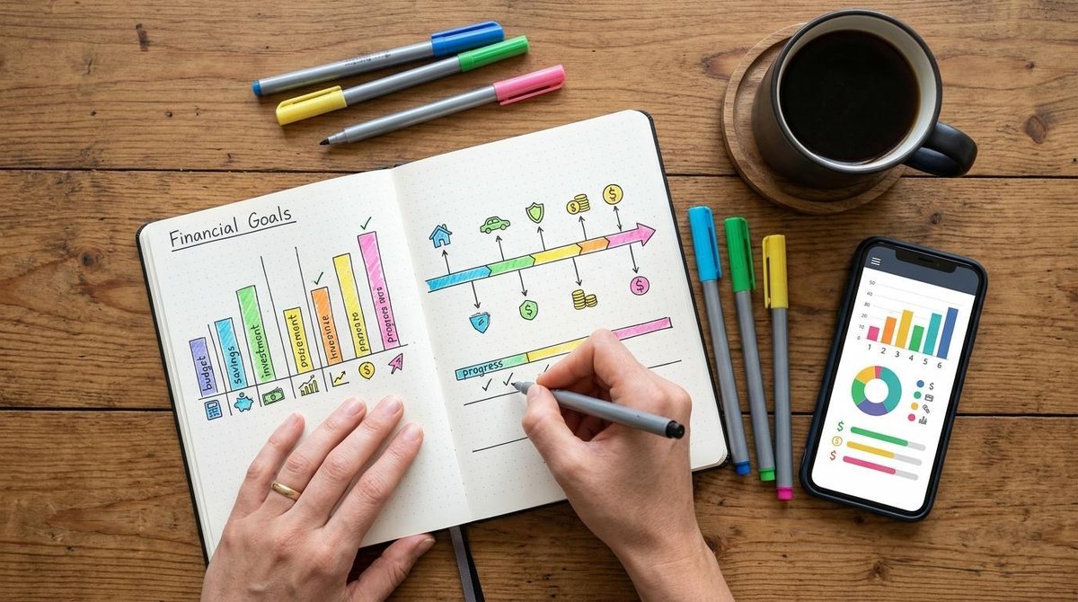 Vista superior de manos escribiendo en un cuaderno de finanzas personales abierto sobre una mesa de madera, organizando hitos y metas financieras con