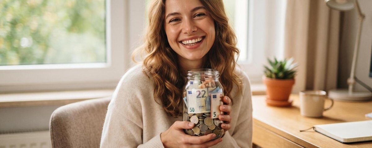 Persona sonriendo mientras revisa su registro de metas financieras en una libreta junto a su celular