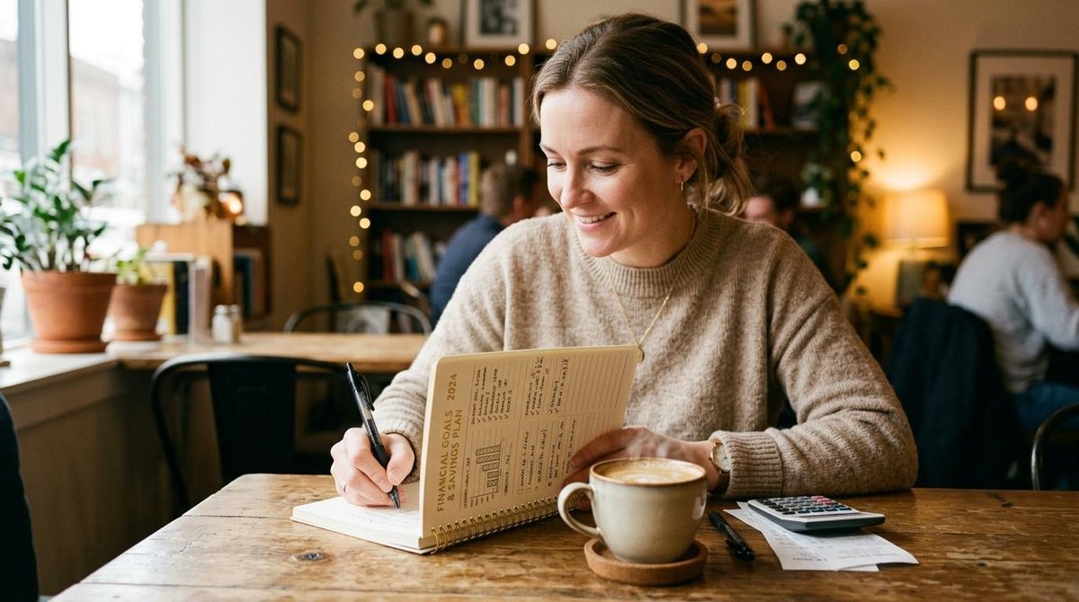 Una mujer escribiendo en una libreta de metas financieras frente a una taza de café humeante, con un ambiente acogedor y tonos cálidos que reflejan sa