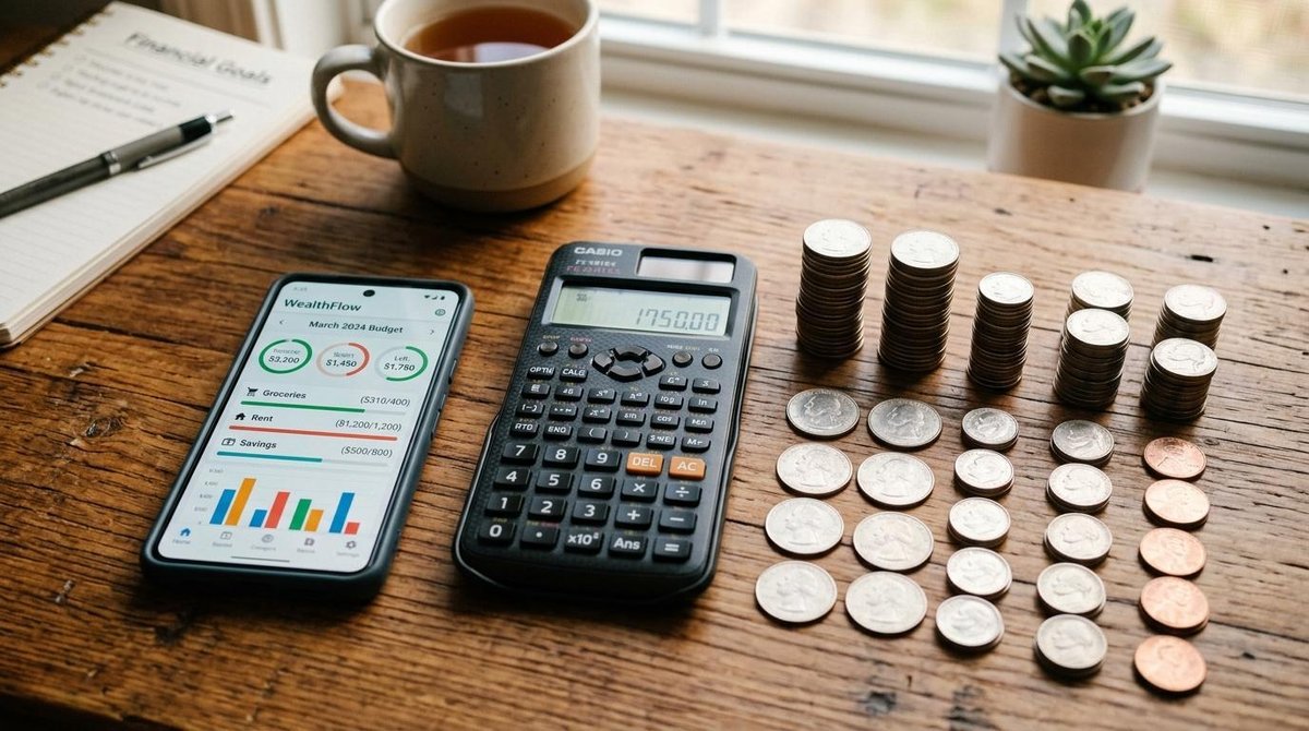 Un celular mostrando una aplicación de presupuesto junto a una calculadora y monedas ordenadas sobre una mesa de madera, con iluminación suave que evo