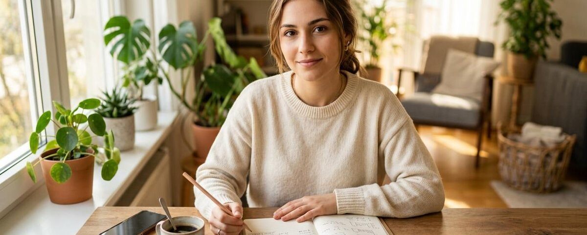 Persona revisando su progreso financiero personal en un cuaderno mientras toma café, reflexionando sobre sus metas económicas