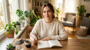Persona revisando su progreso financiero personal en un cuaderno mientras toma café, reflexionando sobre sus metas económicas