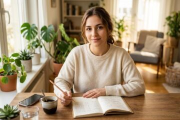 Persona revisando su progreso financiero personal en un cuaderno mientras toma café, reflexionando sobre sus metas económicas
