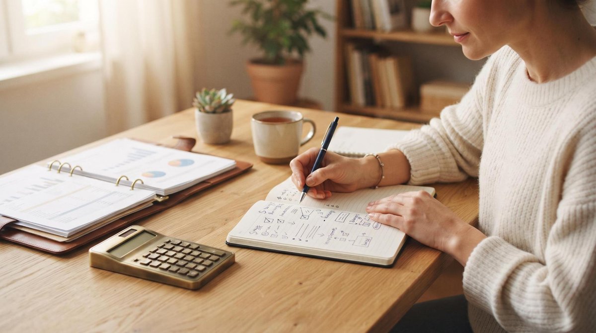 Una persona escribiendo sus metas financieras en un cuaderno sobre una mesa de madera clara, rodeada de elementos que sugieren organización personal c