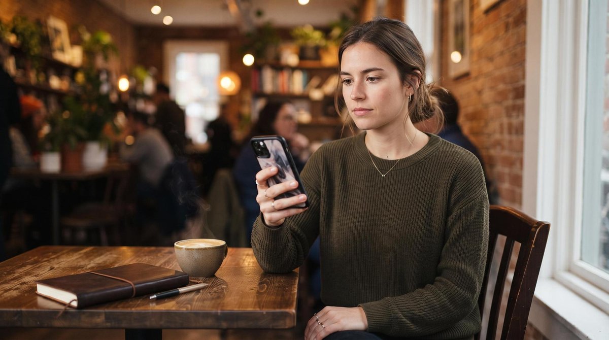 Una persona en un café contemporáneo sosteniendo su teléfono móvil con una mano mientras mira la pantalla con expresión pensativa y neutral, como toma