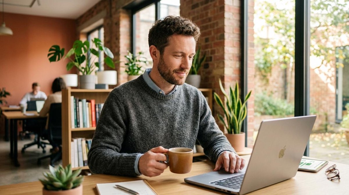 Hombre mirando su laptop con una expresión serena mientras toma una taza de café, representando una mentalidad financiera equilibrada y gasto conscien