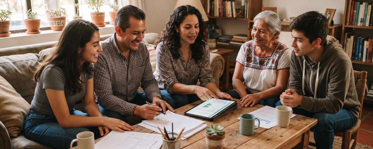 Pareja revisando juntos un presupuesto familiar en una mesa con documentos y una tablet, conversando sobre finanzas en casa
