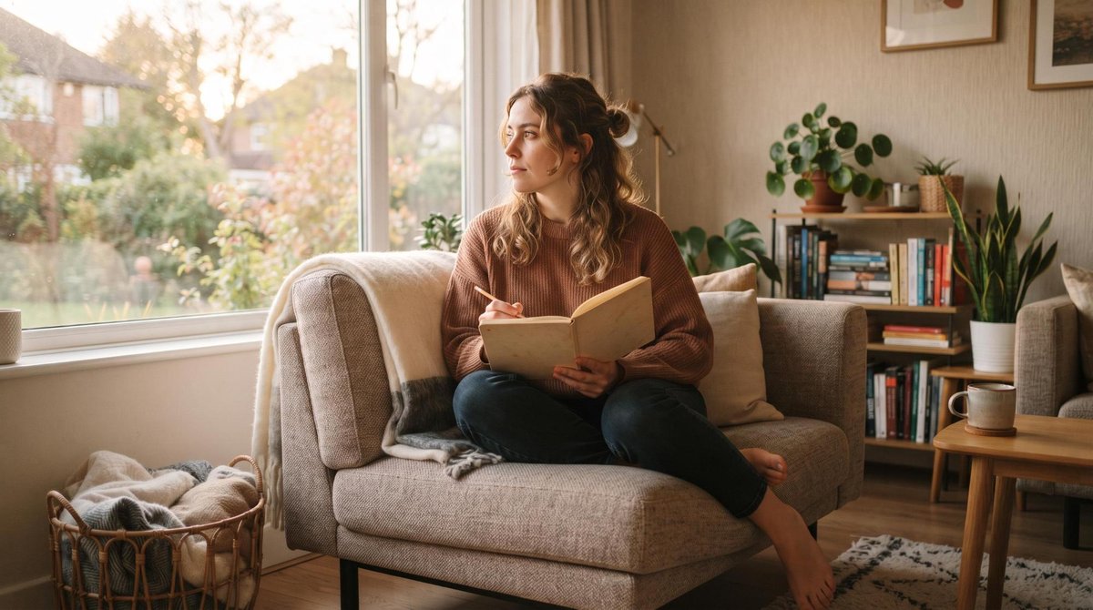 Una persona joven sentada en un sillón cómodo de una sala hogareña con decoración moderna, reflexionando con una libreta en las manos mientras la luz