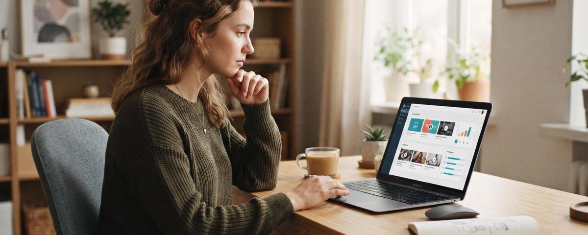 Persona revisando información de un curso online en su laptop antes de tomar una decisión de compra