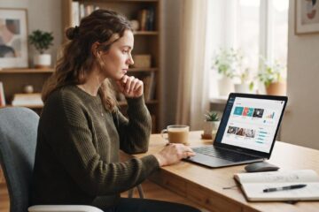 Persona revisando información de un curso online en su laptop antes de tomar una decisión de compra