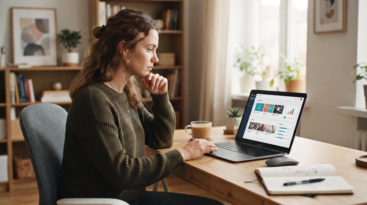 Persona revisando información de un curso online en su laptop antes de tomar una decisión de compra