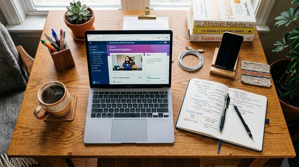Vista superior de un escritorio organizado con una laptop abierta mostrando una página de curso digital, un cuaderno con apuntes y una taza de café, t