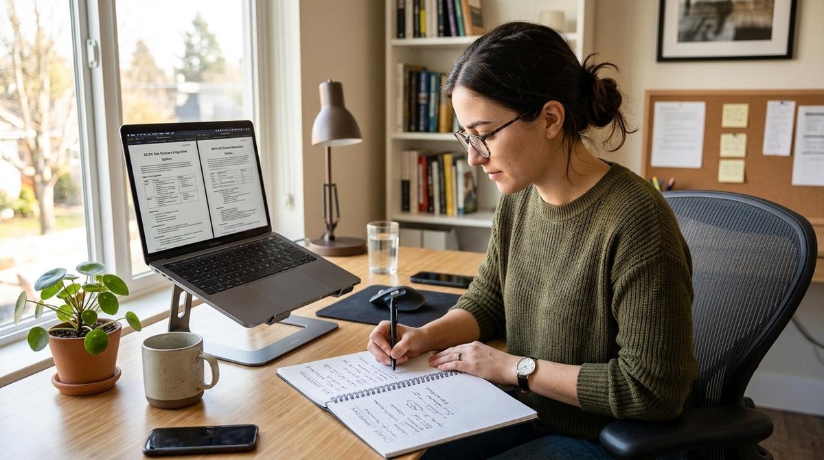 Una persona escribiendo notas en un cuaderno mientras compara el temario detallado de dos cursos en su computadora, en un espacio de trabajo limpio co