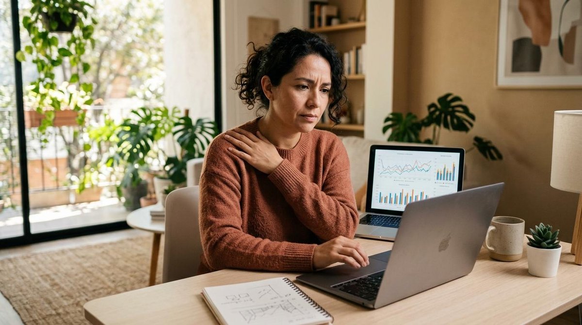 Una mujer adulta sentada frente a un escritorio ordenado con una laptop abierta mostrando gráficos en pantalla, con una mano descansando sobre el homb