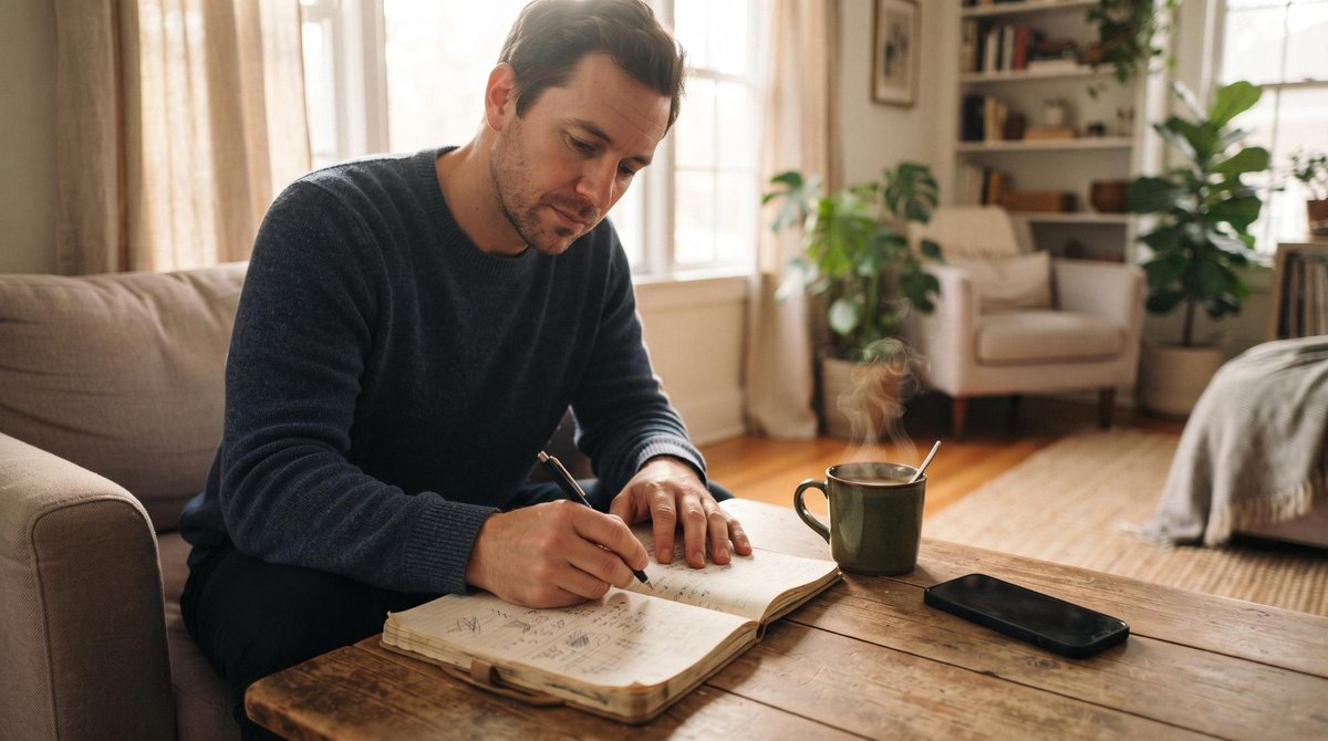 Un hombre escribiendo notas en un cuaderno abierto sobre una mesa de centro, con una taza de café humeante al lado y un teléfono celular apagado cerca