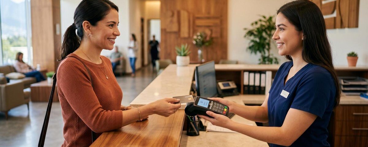 Persona revisando opciones de pago digital en su celular para cubrir una consulta médica en México