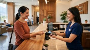 Persona revisando opciones de pago digital en su celular para cubrir una consulta médica en México