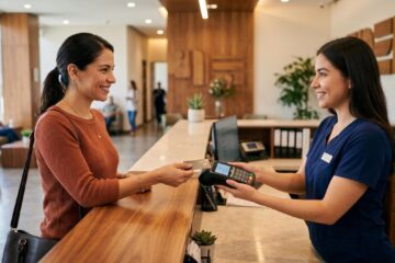 Persona revisando opciones de pago digital en su celular para cubrir una consulta médica en México