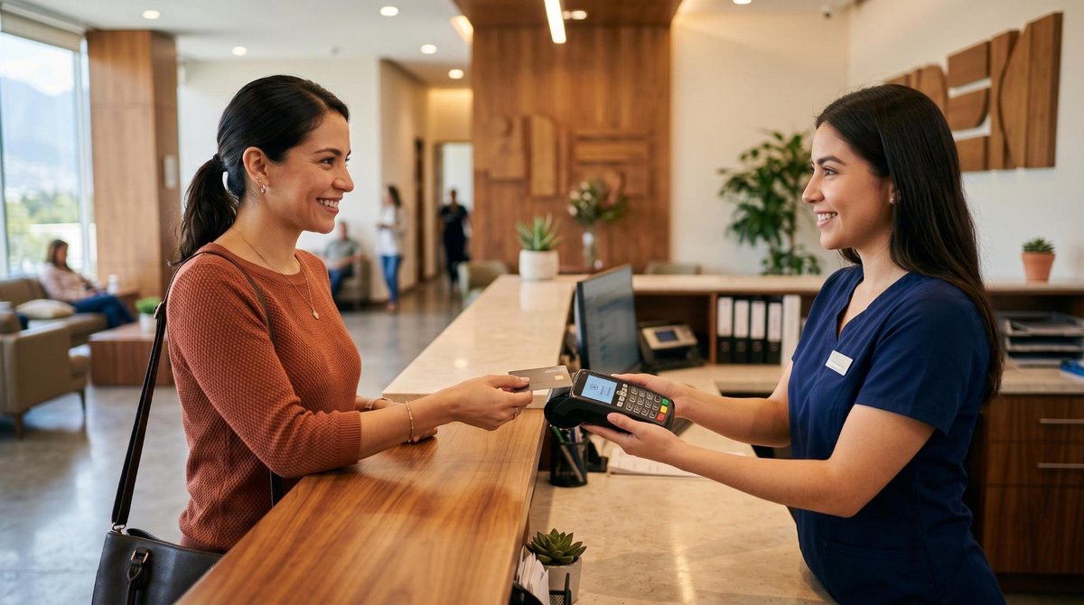 Persona revisando opciones de pago digital en su celular para cubrir una consulta médica en México