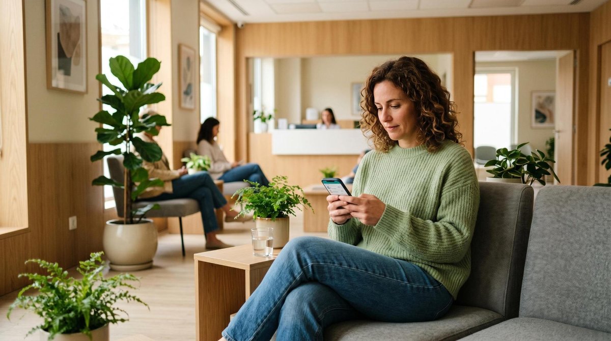 Una persona revisando opciones de pago en su teléfono celular mientras espera en una sala de recepción médica luminosa y moderna, iluminada con tonos