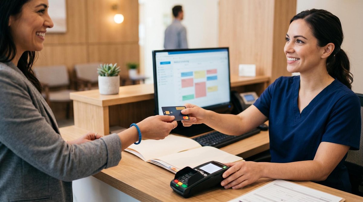Vista cercana de un paciente entregando una tarjeta bancaria al personal de recepción de un consultorio médico para pagar su consulta, en un entorno l