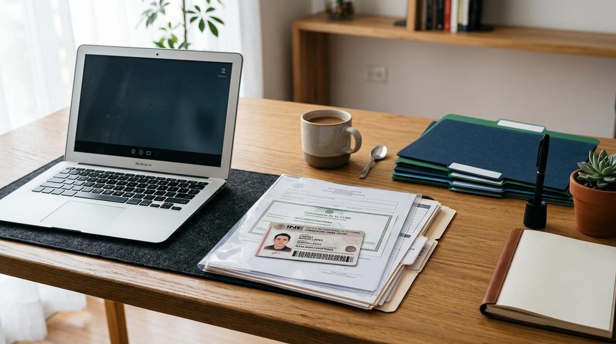 Documentos oficiales mexicanos como identificación con CURP y papeles administrativos organizados sobre un escritorio limpio, junto a una laptop abier