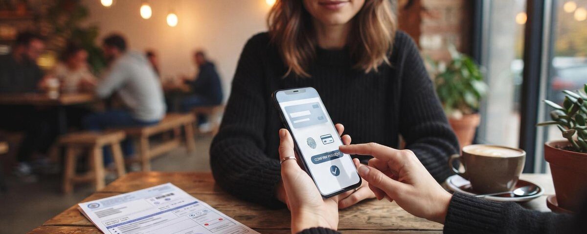 Persona consultando el estatus de una multa de tránsito en su celular mediante una app de pagos