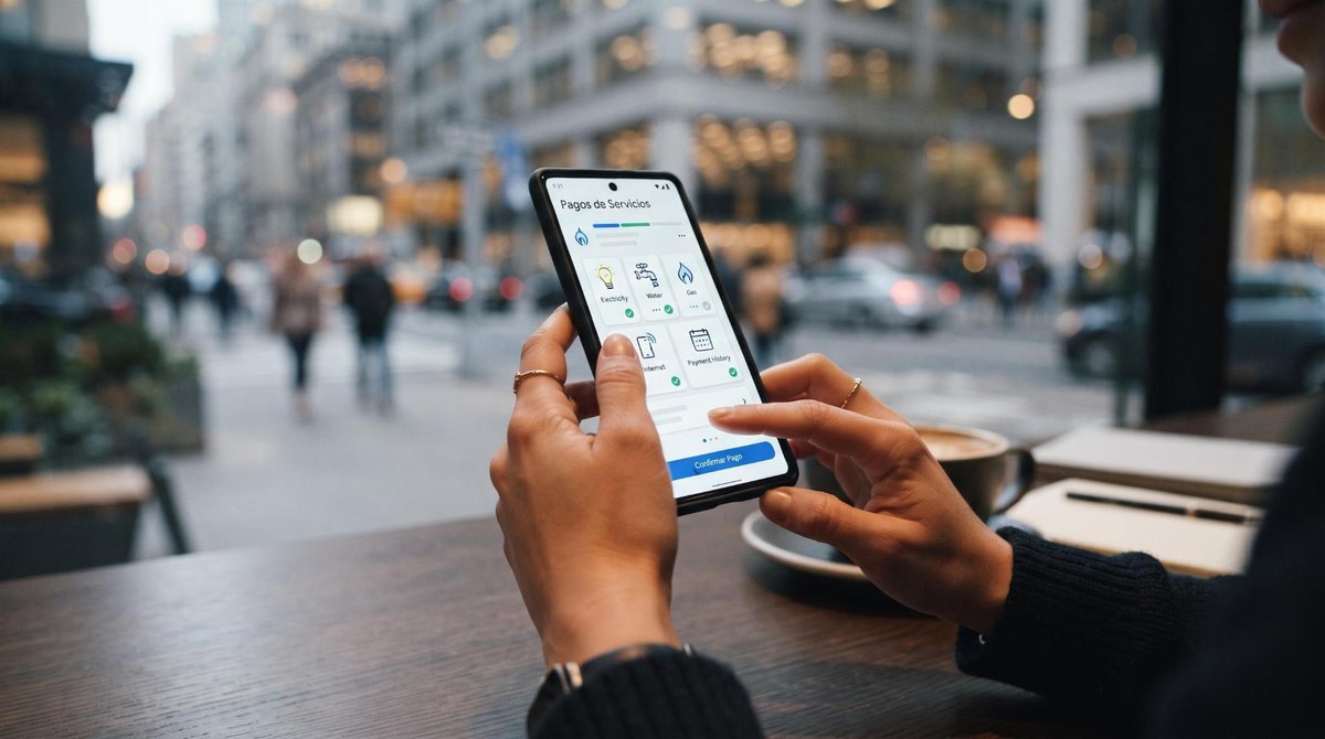 Persona utilizando un smartphone para navegar en la sección de pago de servicios de una aplicación financiera, con un fondo difuminado de ambiente urbano.