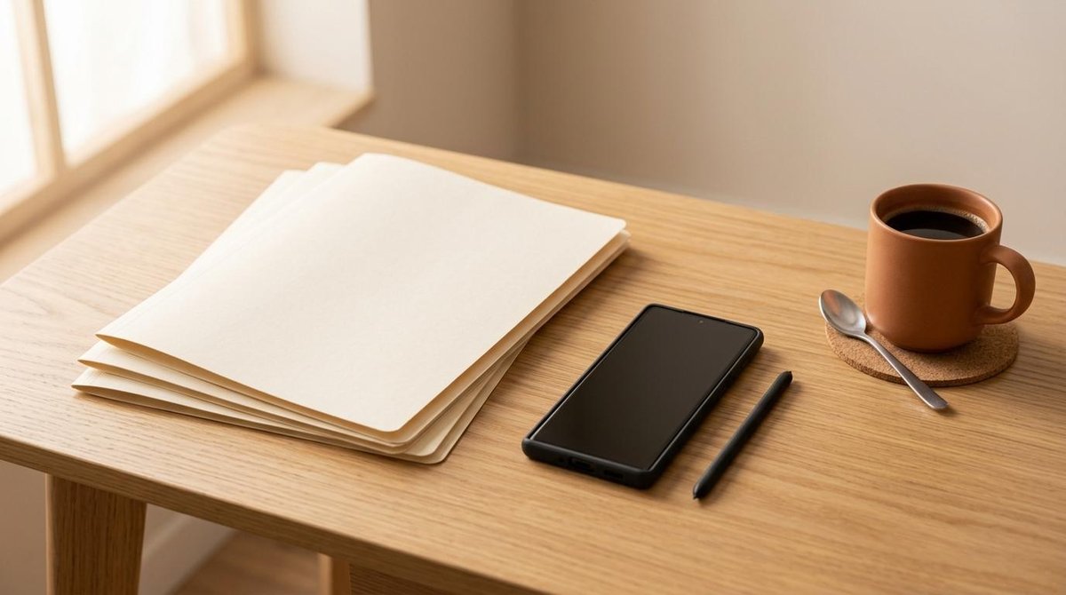 Escritorio ordenado con papeles, un smartphone y una taza de café.