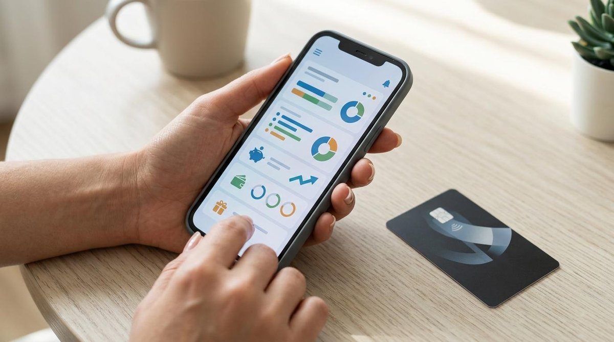Persona usando un smartphone mostrando una pantalla de servicios financieros, con una tarjeta de débito junto al teléfono sobre una superficie clara.