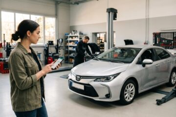 Persona revisando el costo de un servicio de mantenimiento vehicular en su teléfono mientras espera en un taller