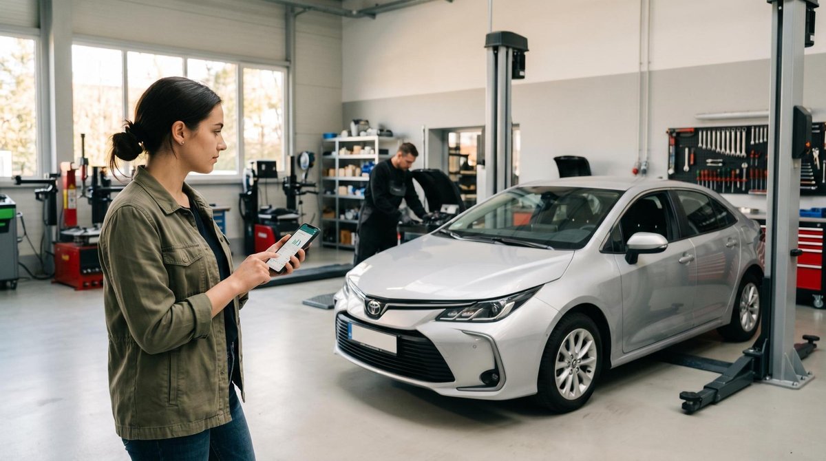 Persona revisando el costo de un servicio de mantenimiento vehicular en su teléfono mientras espera en un taller