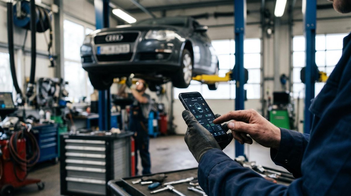 Primer plano de manos utilizando una aplicación móvil en un smartphone, con un taller automotriz profesional desenfocado en segundo plano donde se apr