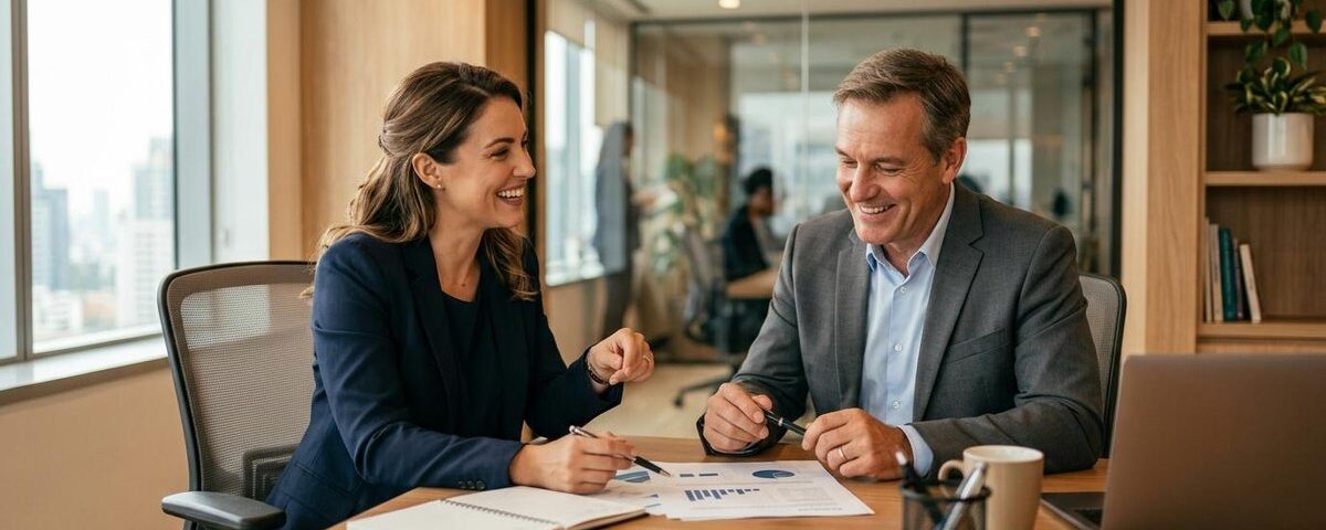 Persona revisando notas y documentos antes de una conversación sobre negociación salarial con su líder