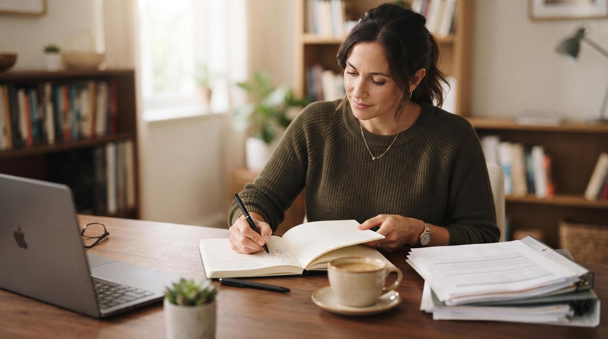 Una persona escribiendo notas y organizando documentos en un escritorio ordenado, con una taza de café al lado