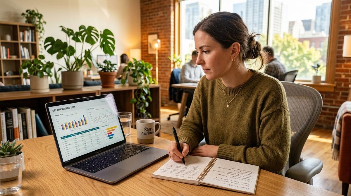 Una persona viendo gráficos y datos salariales en la pantalla de su laptop mientras toma notas en un cuaderno, sentada en un espacio de trabajo moderno