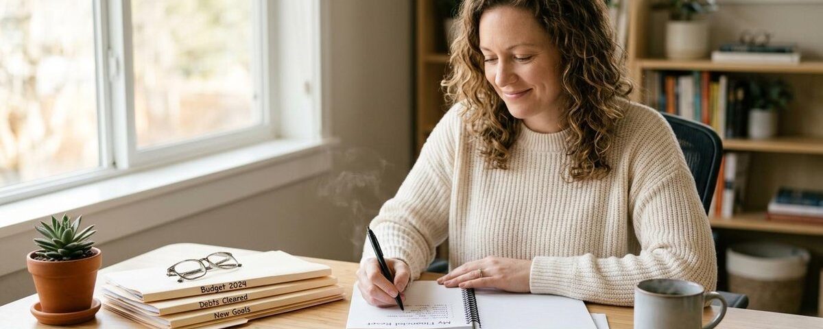 Persona sentada frente a una mesa revisando sus finanzas personales en un cuaderno y una computadora portátil
