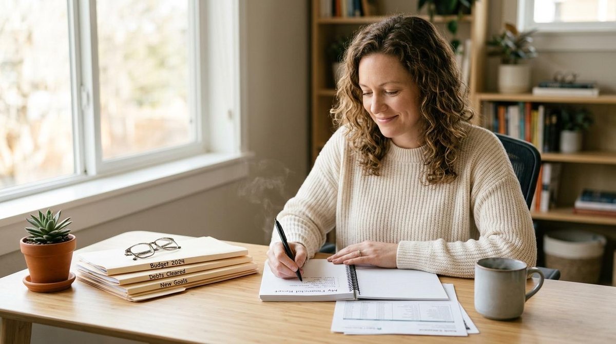 Persona sentada frente a una mesa revisando sus finanzas personales en un cuaderno y una computadora portátil