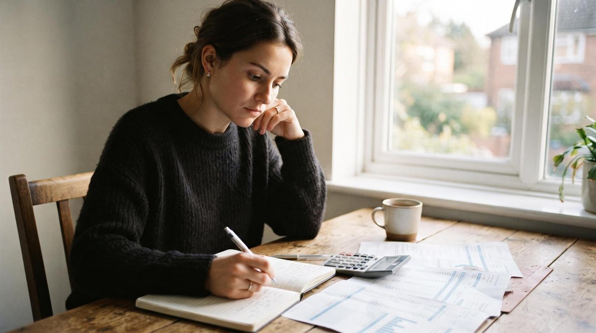 Una persona joven escribiendo reflexivamente en un cuaderno junto a una calculadora y estados de cuenta sobre una mesa de madera, con luz natural suav