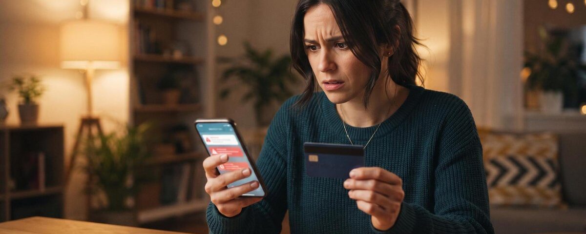 Persona revisando movimientos sospechosos en su tarjeta bancaria desde un teléfono celular para identificar un fraude con tarjeta usada por terceros